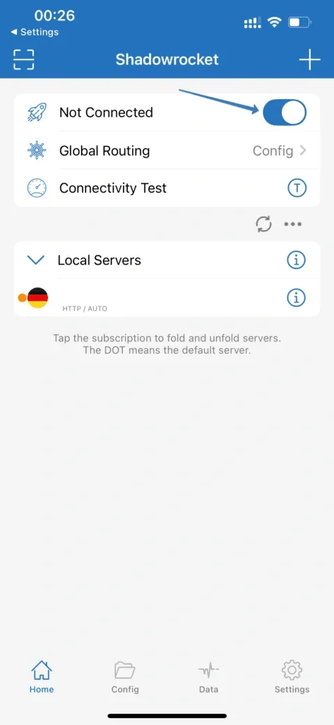 Shadowrocket home screen with the added server and the connection toggle