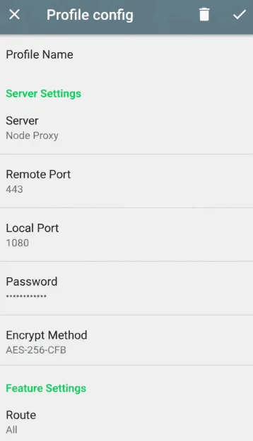 Экран Profile config в Shadowsocks для Android: сервер, удалённый порт 443, локальный порт 1080, пароль и метод шифрования