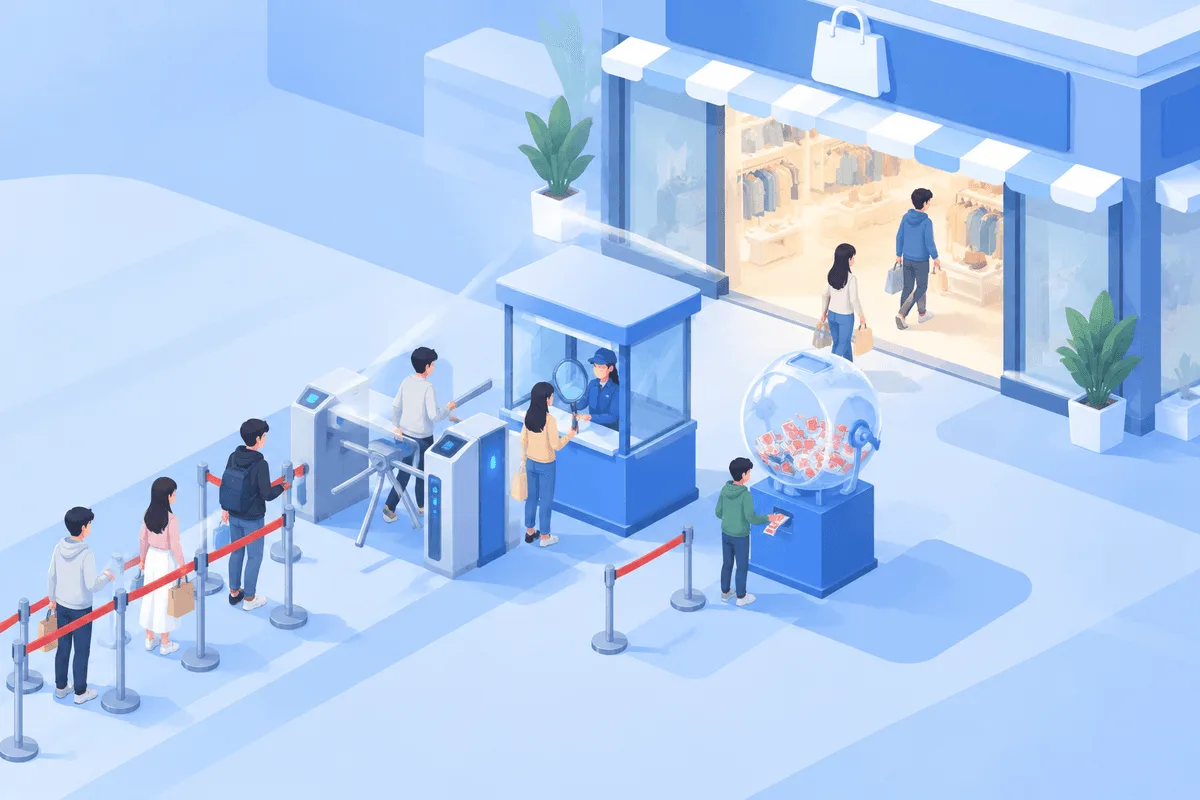 Shoppers passing a queue barrier, a turnstile, a checkpoint booth and a lottery drum before entering a store