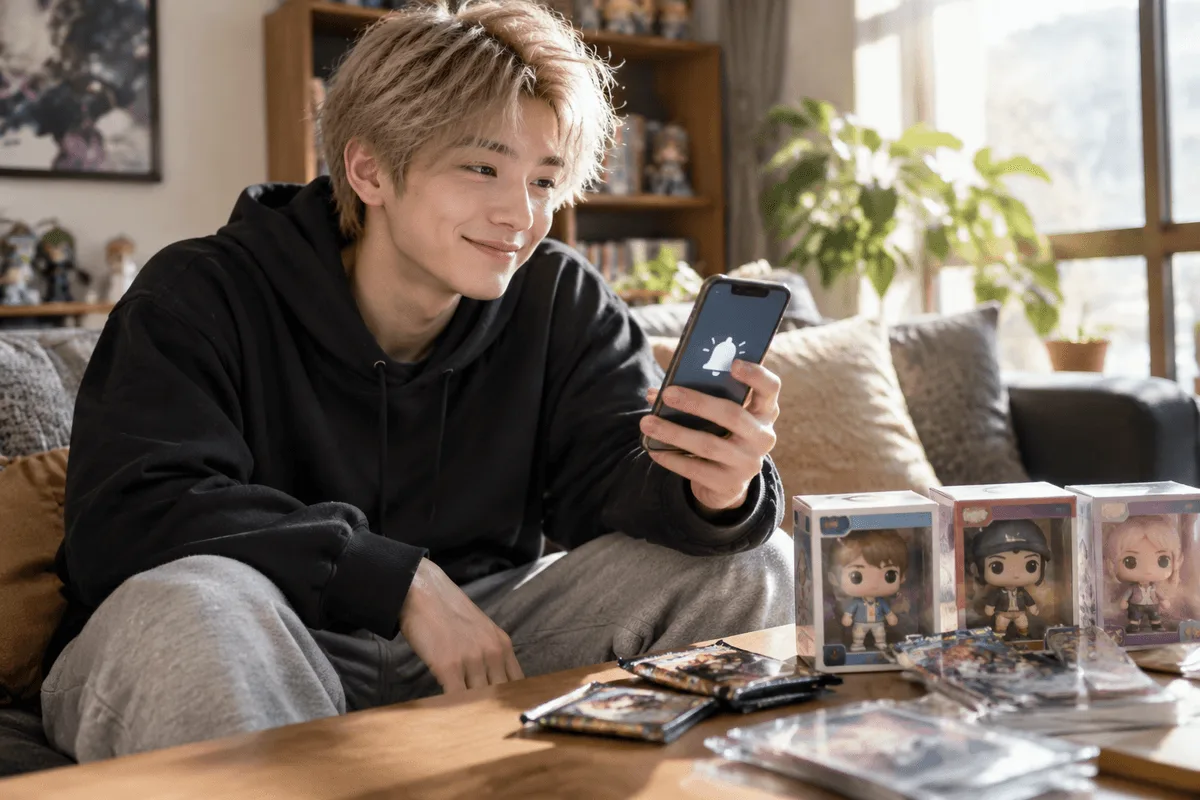 Collector on a sofa checking a restock notification on a phone next to boxed toy figures and card packs
