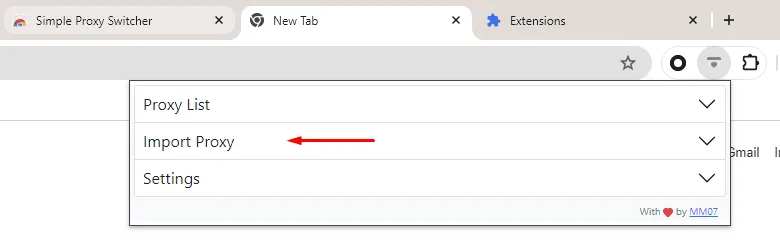Import Proxy section in the Simple Proxy extension