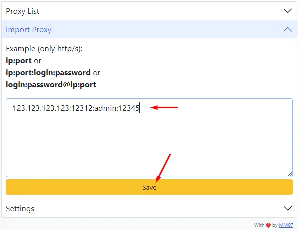 Fields for entering proxy parameters in Simple Proxy