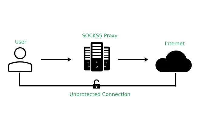 Схема передачи трафика через SOCKS5-прокси между клиентом и сервером / Diagram of traffic routed through a SOCKS5 proxy between a client and a server