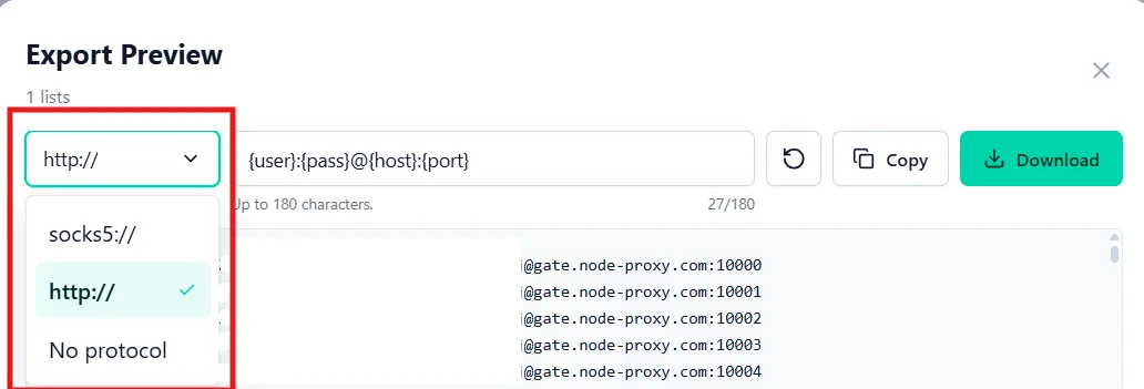Выбор протокола HTTP или SOCKS5 при экспорте списка прокси в Node Proxy / Selecting HTTP or SOCKS5 when exporting a proxy list in Node Proxy