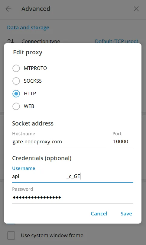 Edit proxy window in Telegram Desktop with MTPROTO, SOCKS5, HTTP and WEB types, host, port and credential fields