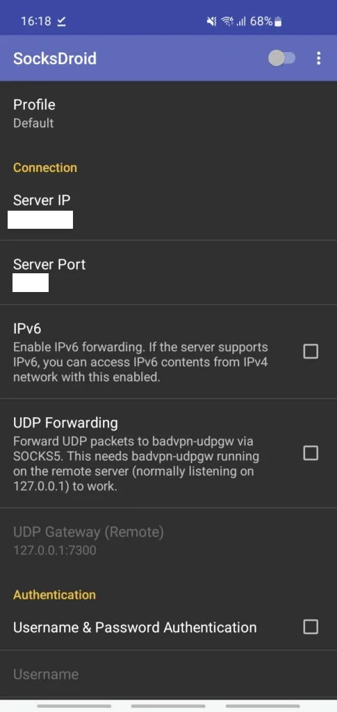 Главный экран SocksDroid с полями Profile, Server IP и Server Port