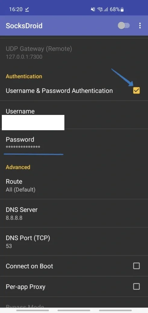 Раздел Authentication в SocksDroid с отмеченным пунктом Username & Password Authentication