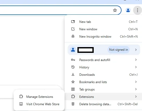 Chrome menu with Extensions opened and the Visit Chrome Web Store item