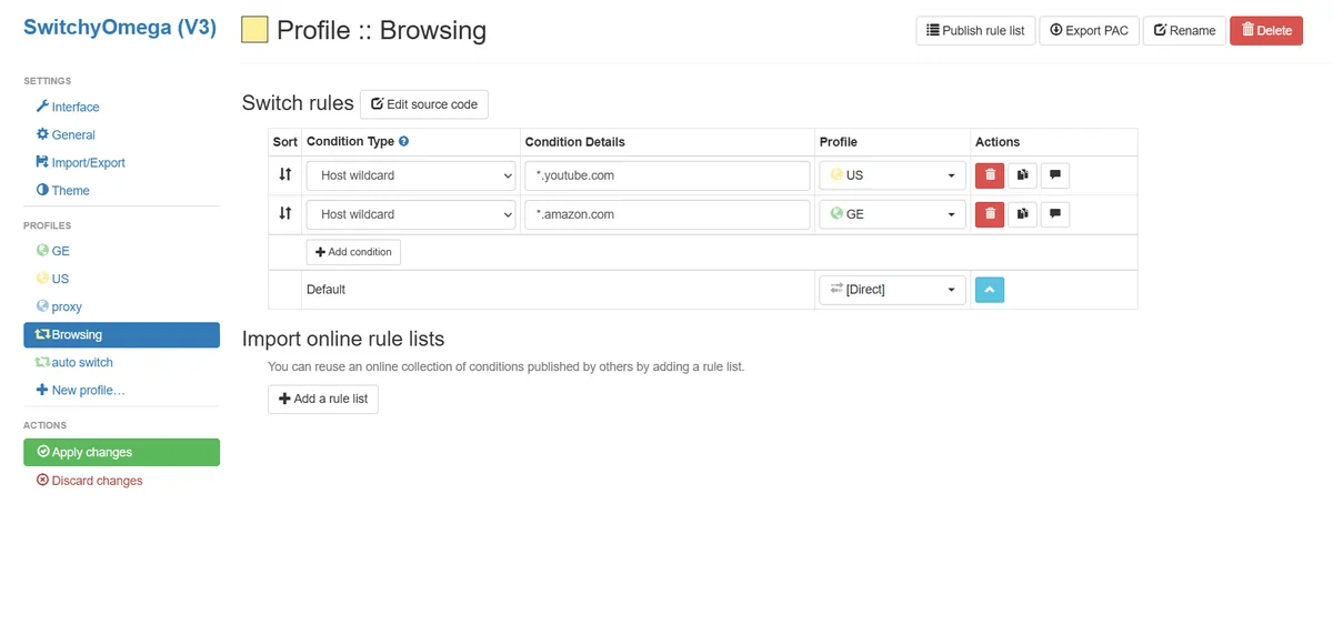 SwitchyOmega switch rules: Host wildcard rules for youtube.com and amazon.com pointing to US and GE profiles, Direct by default