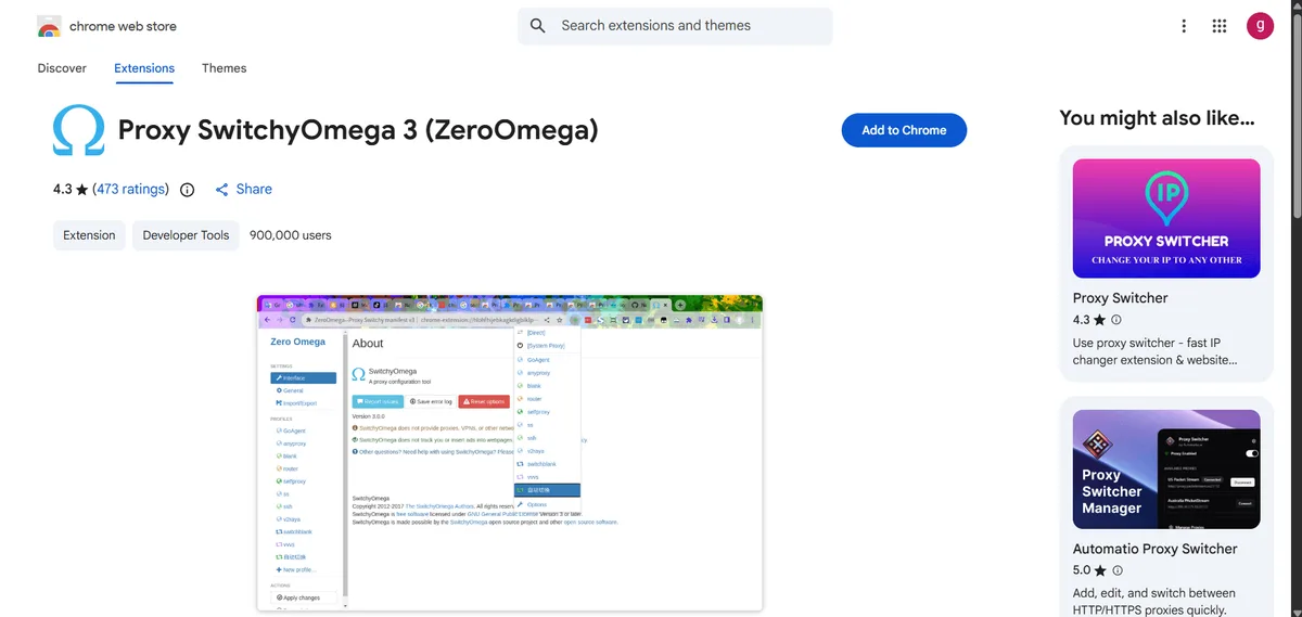 Chrome Web Store page of Proxy SwitchyOmega 3 (ZeroOmega) with the Add to Chrome button