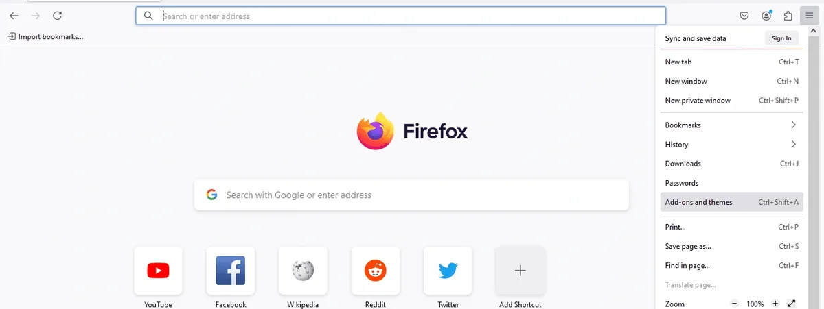 Firefox main menu with the Add-ons and themes item highlighted