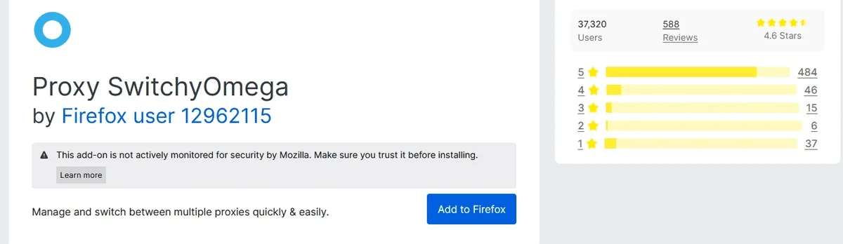 Proxy SwitchyOmega page in the Firefox add-ons catalog with the Add to Firefox button