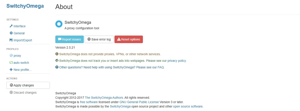 SwitchyOmega options page with the profile list and the Apply changes button