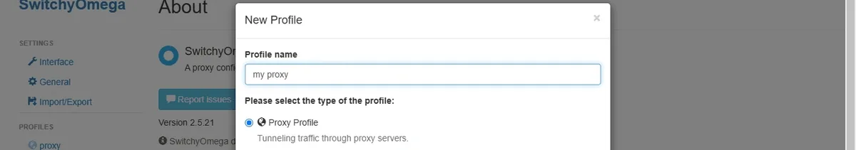 New Profile dialog with a profile name and Proxy Profile selected