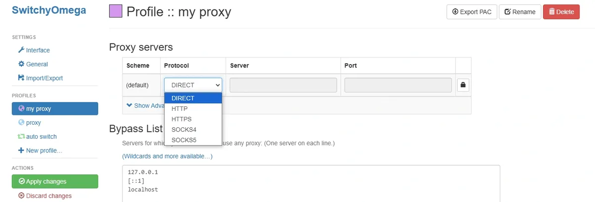 Proxy servers table with the protocol list open: DIRECT, HTTP, HTTPS, SOCKS4, SOCKS5