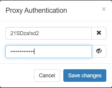 Proxy Authentication window in SwitchyOmega with username and password fields and Save changes