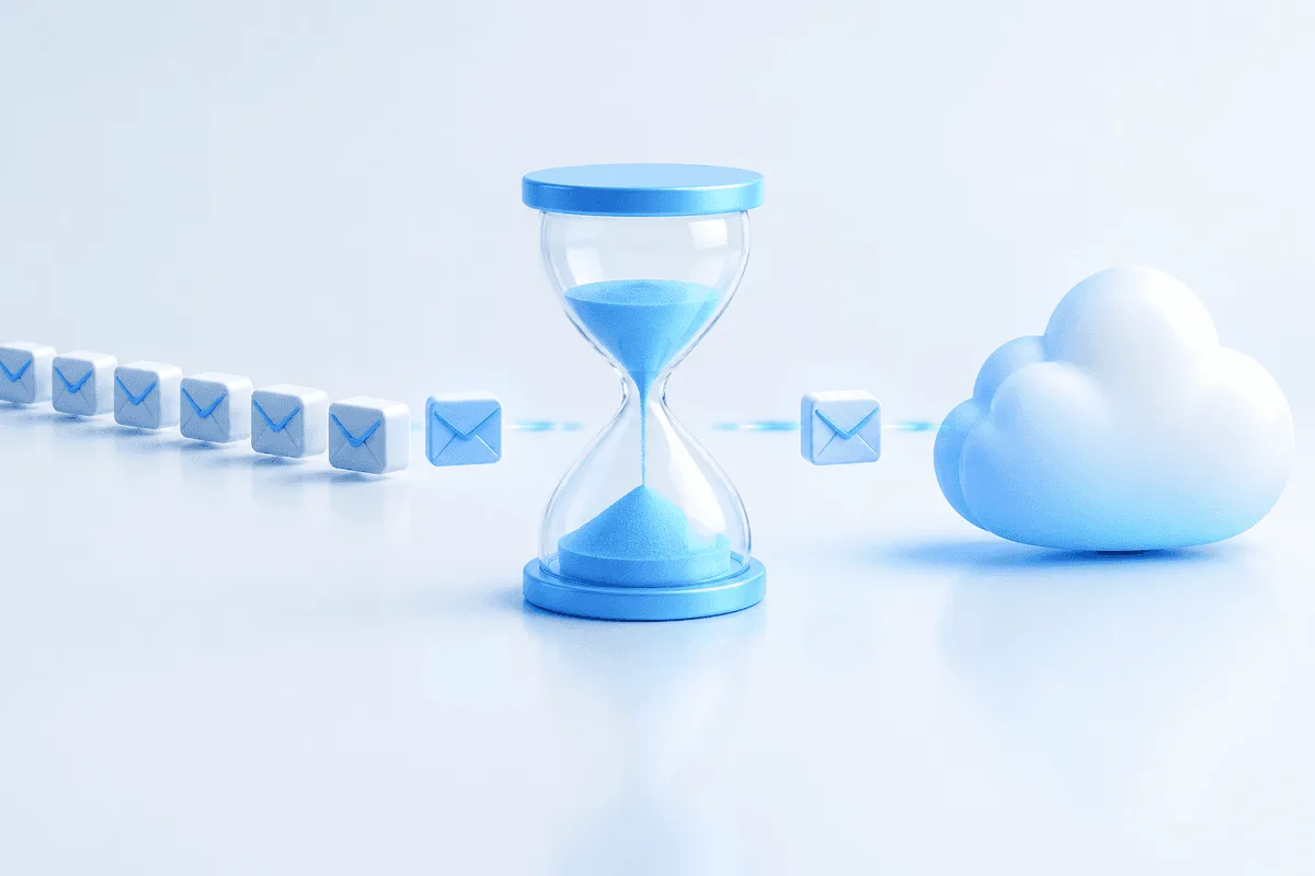 An hourglass sits between a queue of outgoing messages and a cloud, showing messages released at a steady pace