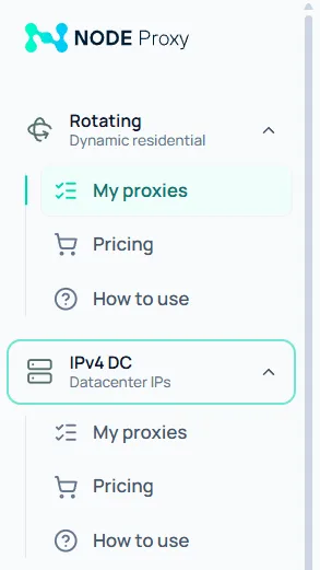 Section for choosing residential and datacenter proxies in the Node Proxy panel