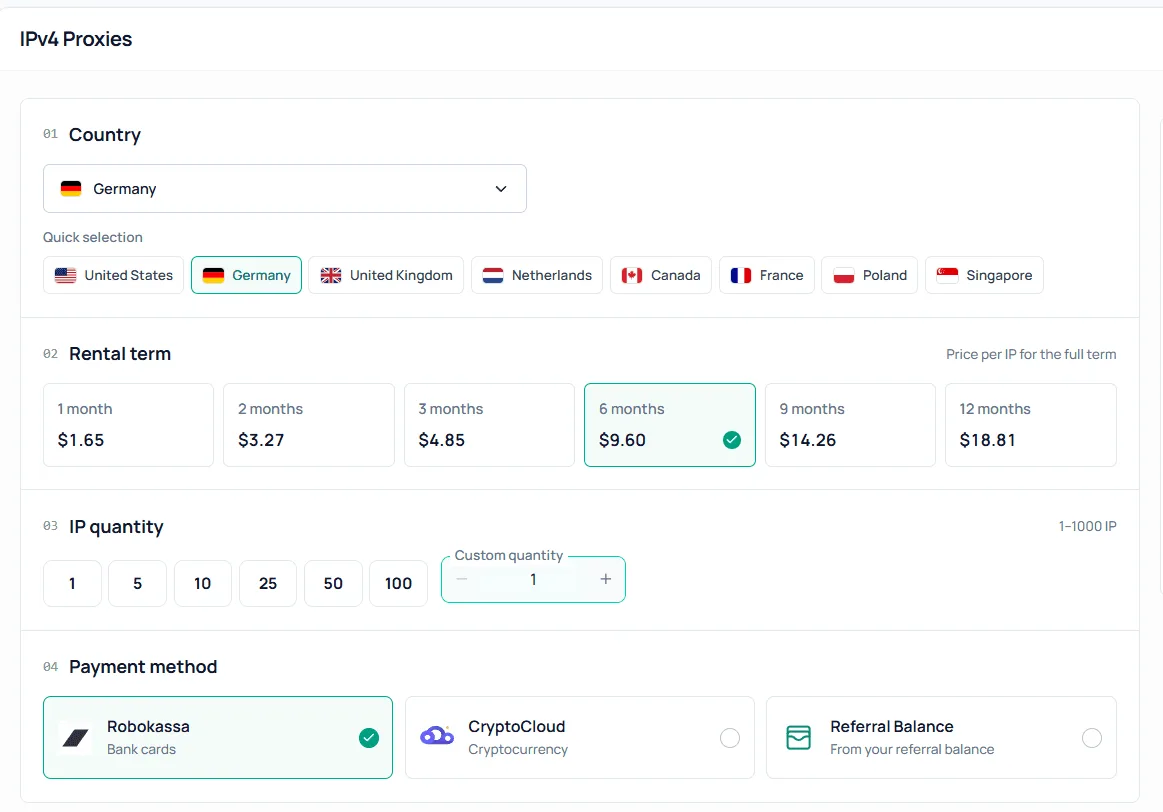Selecting GEO, IP quantity and rental period for Node Proxy datacenter IPv4 proxies