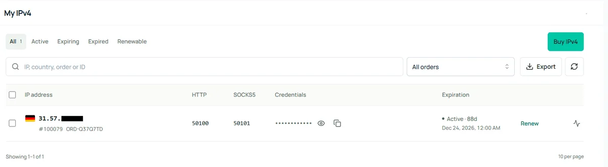 Node Proxy static IPv4 proxy details with IP address, port, username and password