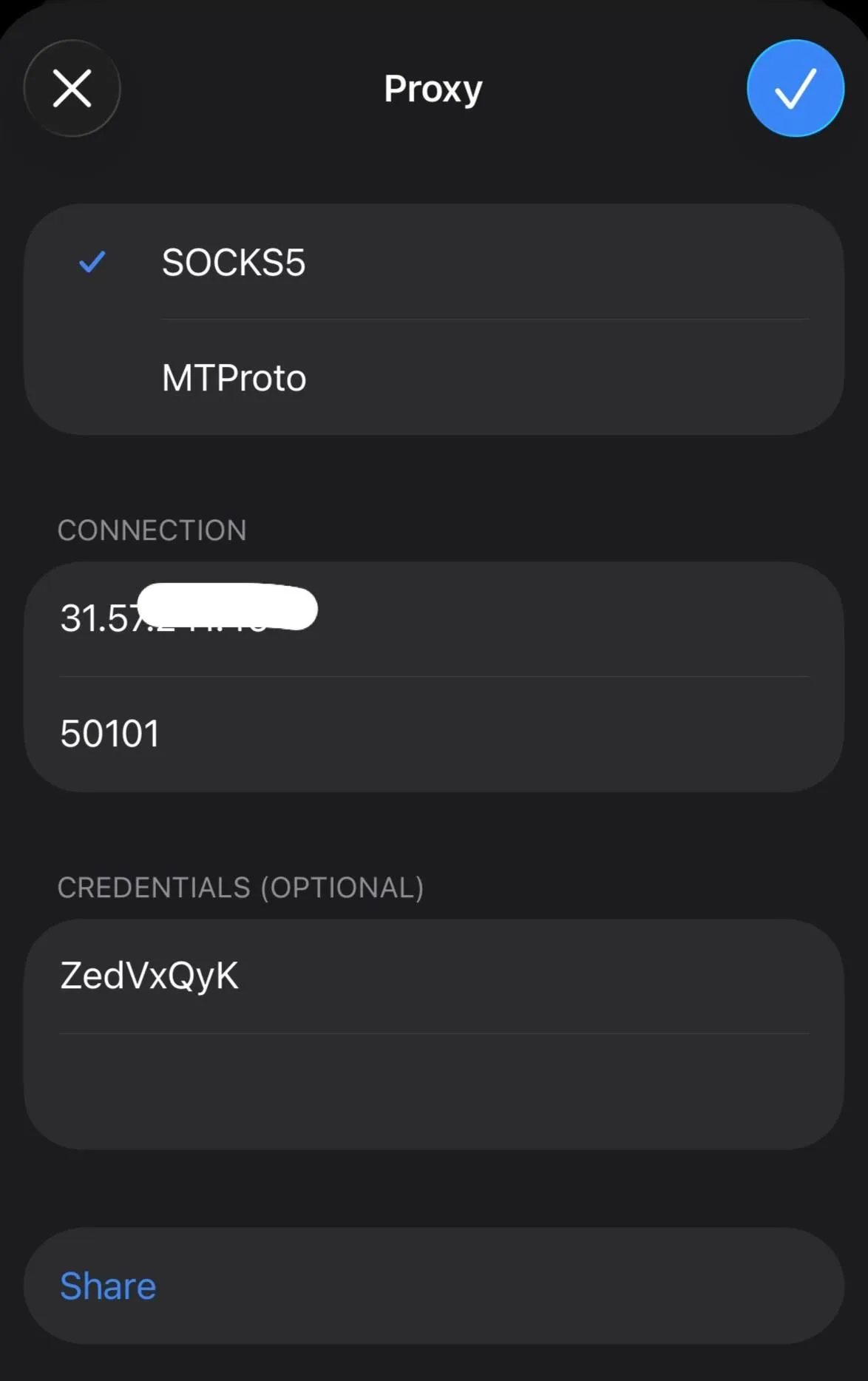 Adding a Node Proxy SOCKS5 proxy in the Telegram mobile app