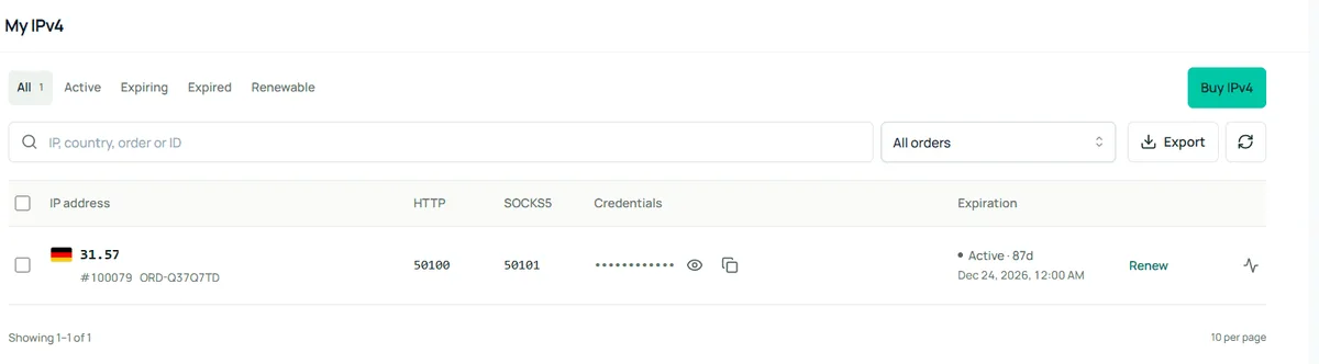 Данные прокси в панели Node Proxy: IP-адрес, порт, логин и пароль