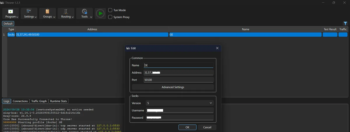 Настройка профиля SOCKS5 прокси в Throne на Windows