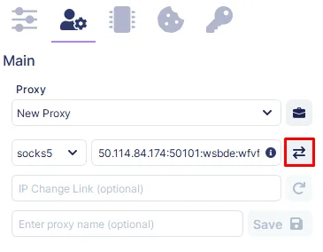 Настройки прокси в разделе Main браузера Undetectable с полями для IP-адреса, порта, логина и пароля / Proxy settings in the Main section of Undetectable with fields for IP address, port, username, and password