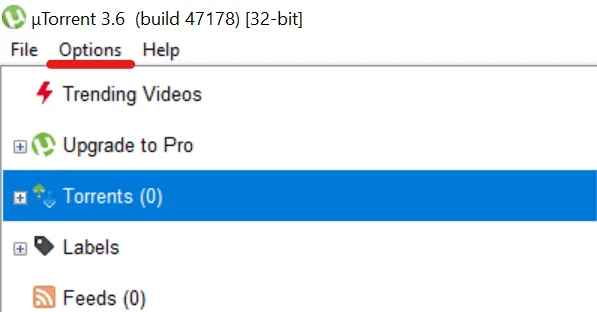 Окно uTorrent 3.6 с подчеркнутым меню Options