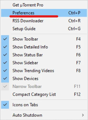 Выпадающее меню Options с выделенным пунктом Preferences и сочетанием Ctrl+P