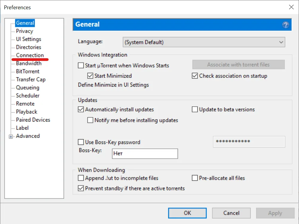 Окно Preferences в uTorrent с подчеркнутым разделом Connection