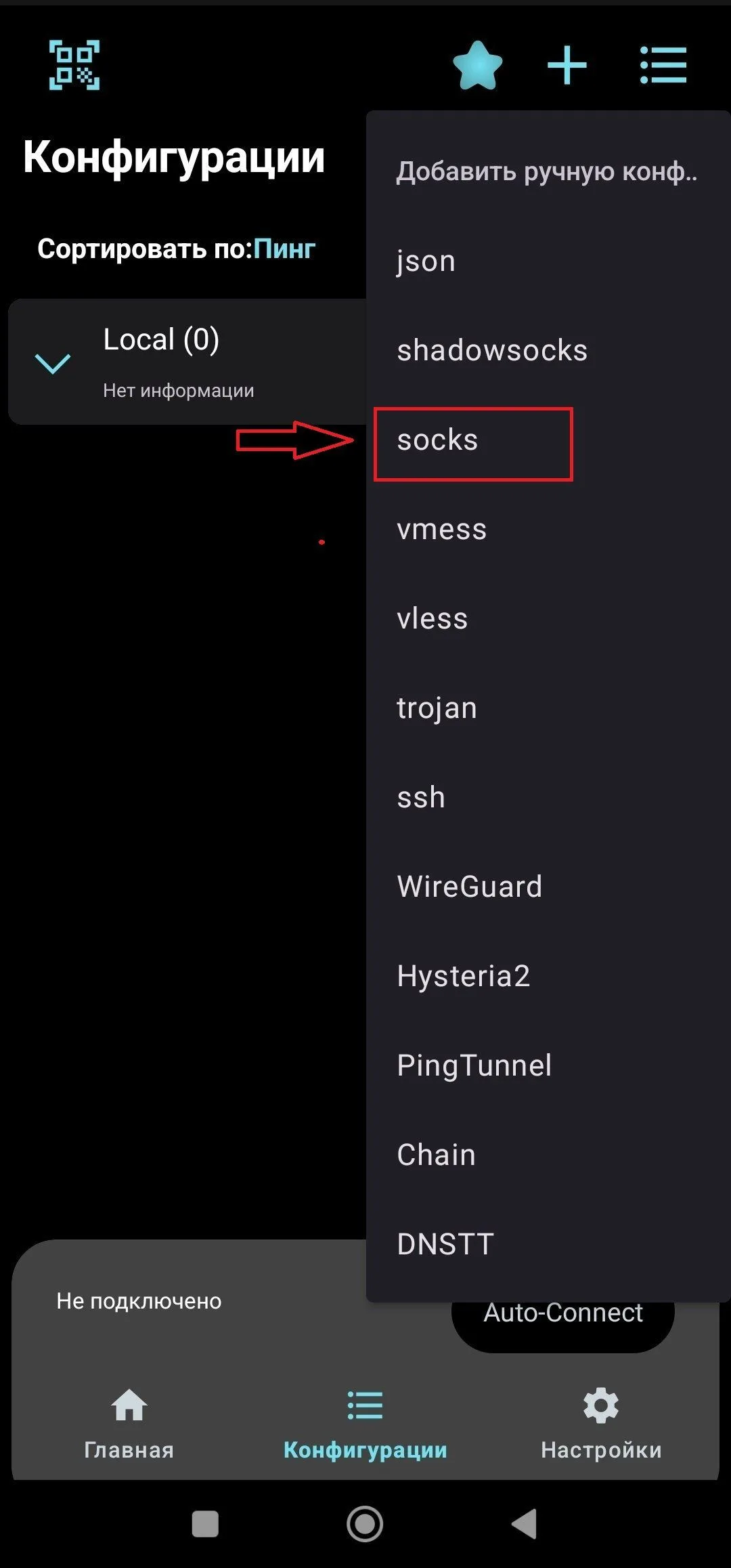 Выбор формата SOCKS для конфигурации в V2Box