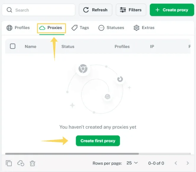 Вкладка Proxies в Vision с кнопкой Create first proxy