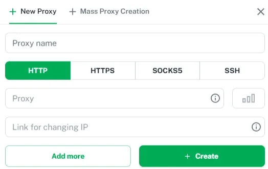 Форма New Proxy в Vision: поля Proxy name, Proxy, Link for changing IP и кнопки протокола