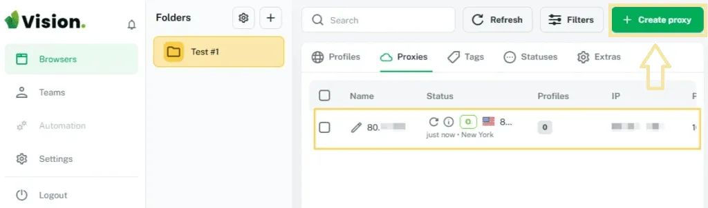 Таблица Proxies в Vision с сохраненным прокси, его статусом и местоположением
