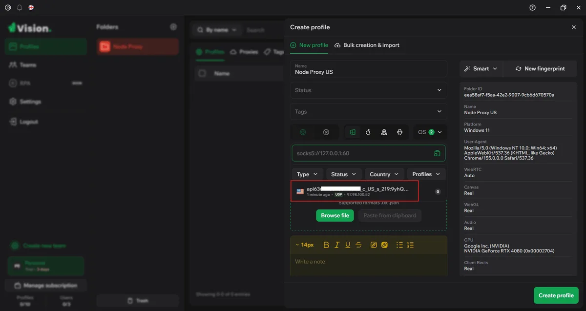 Окно Create profile в Vision: профиль Node Proxy US, открытый список сохраненных прокси с выделенным американским прокси, справа сводка отпечатка