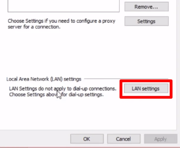 Windows local network settings for proxy configuration