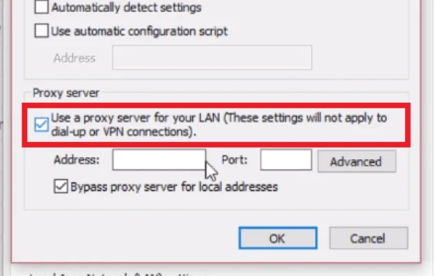 Windows option to use a proxy server for LAN