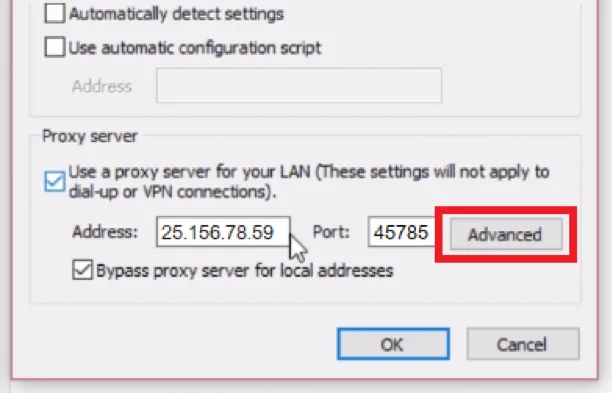 Advanced proxy server settings in Windows