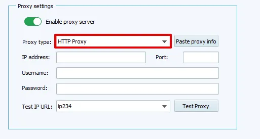 Окно настройки VMLogin с выбором протокола прокси HTTP, HTTPS, SOCKS4 или SOCKS5 / VMLogin proxy settings window with HTTP, HTTPS, SOCKS4, and SOCKS5 protocol options