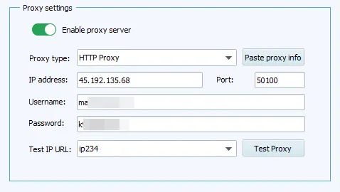 Форма настройки прокси в VMLogin с полями IP Address, Port, Username и Password / VMLogin proxy configuration form with IP Address, Port, Username, and Password fields