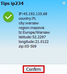 Окно VMLogin с успешным результатом проверки прокси и кнопкой Confirm / VMLogin window showing a successful proxy test result and the Confirm button