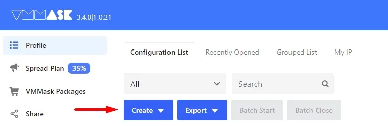 VMMask Profile tab with the Create button for a new profile