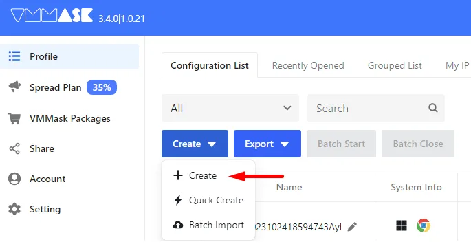 Create option in the VMMask drop-down menu