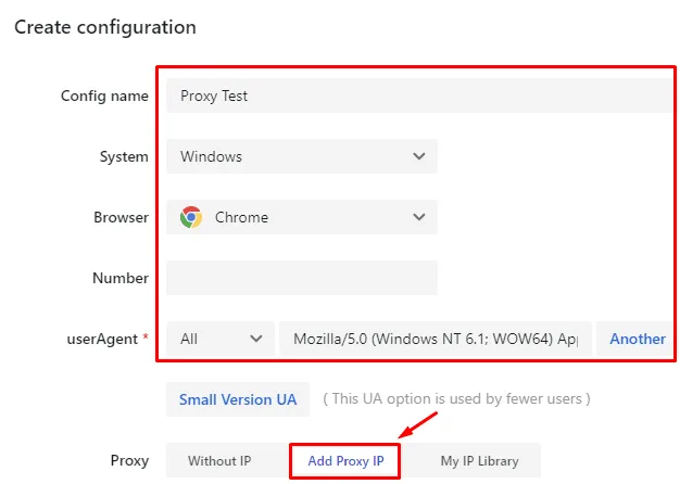 VMMask profile settings page with the Add Proxy IP button in the network block