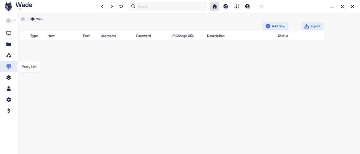 Раздел Proxy List в Wade Browser с кнопками Add New и Import