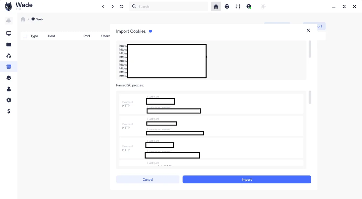 Окно импорта в Wade Browser с разобранными прокси: протокол, хост и порт
