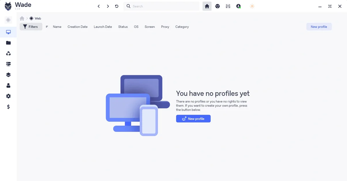 Пустой список профилей в Wade Browser с кнопкой New profile