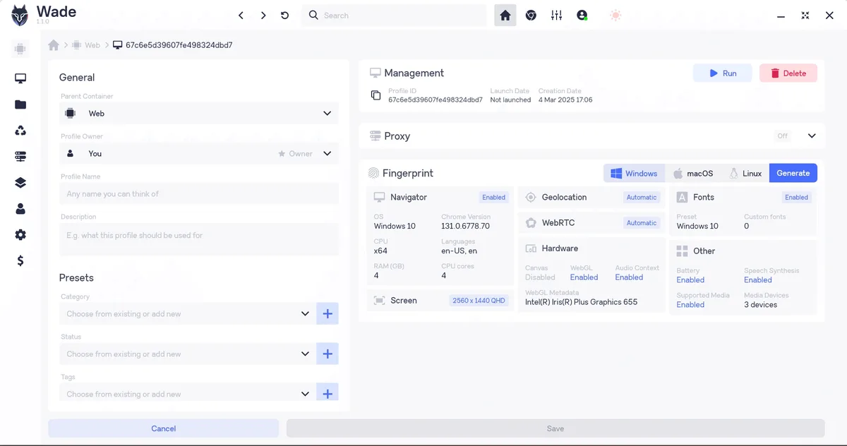 Редактор профиля Wade Browser с блоками General, Management, Proxy и Fingerprint