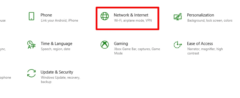 Network and Internet section in Windows Settings